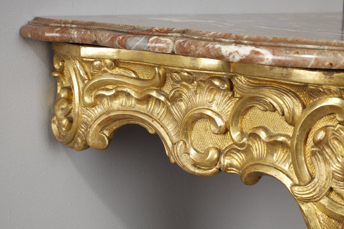 Louis XV Style Corner Console In Golden Wood And Breccia Marble Top, 19th-photo-2