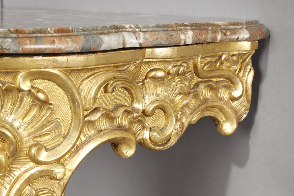 Louis XV Style Corner Console In Golden Wood And Breccia Marble Top, 19th-photo-3