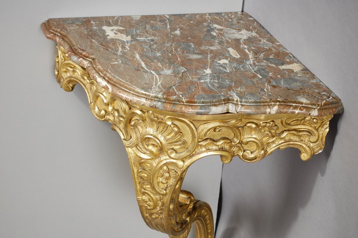 Console d'Angle De Style Louis XV En Bois Doré Et Plateau En Marbre Brèche, XIXe-photo-5