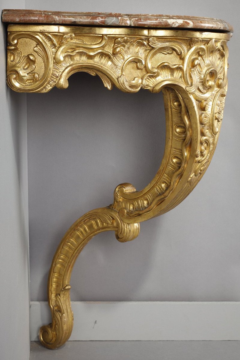 Louis XV Style Corner Console In Golden Wood And Breccia Marble Top, 19th-photo-7