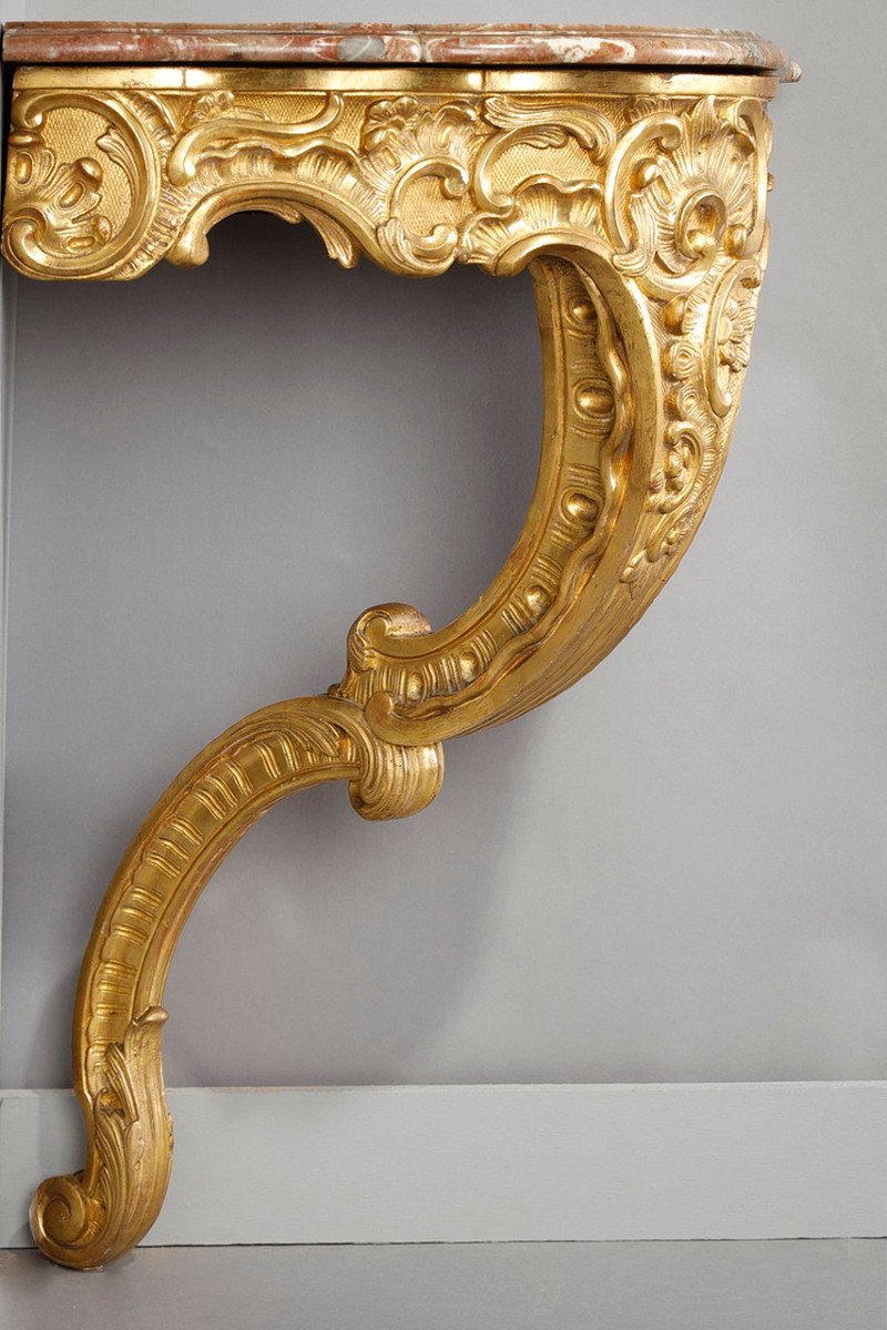 Louis XV Style Corner Console In Golden Wood And Breccia Marble Top, 19th