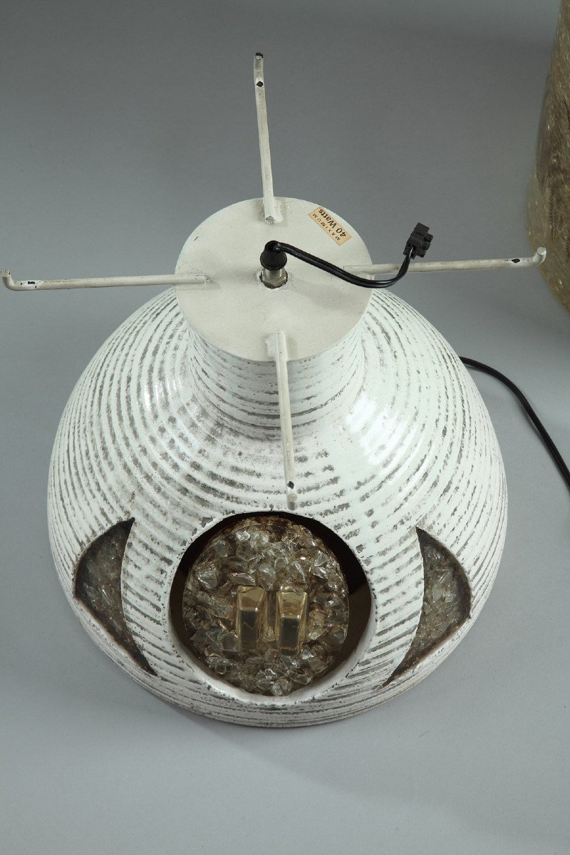 Grande Lampe Décorée De Fougères Avec Pied En Céramique Des Ateliers Accolay, 20ème Siècle-photo-6