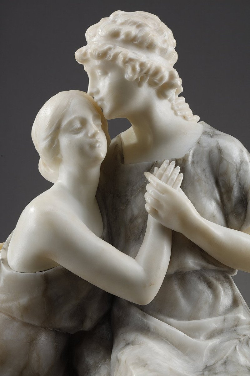 Alabaster And Marble Statue Representing Hélène And Pâris, 20th Century-photo-5