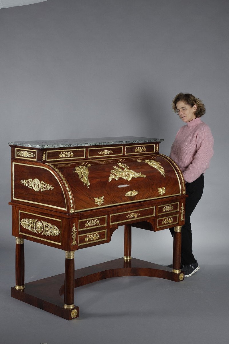 Cylinder Desk In Mahogany And Gilt Bronzes, Empire Style, 19th Century-photo-2