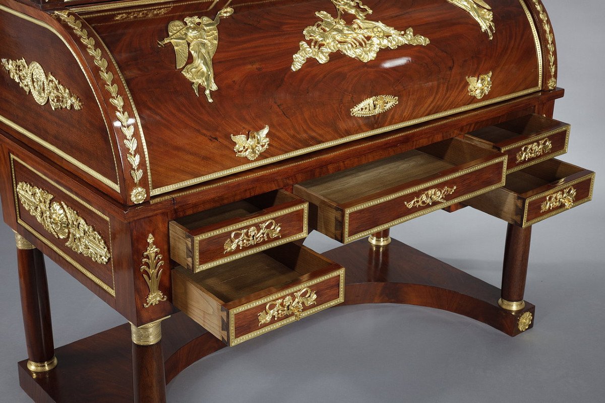 Cylinder Desk In Mahogany And Gilt Bronzes, Empire Style, 19th Century-photo-6