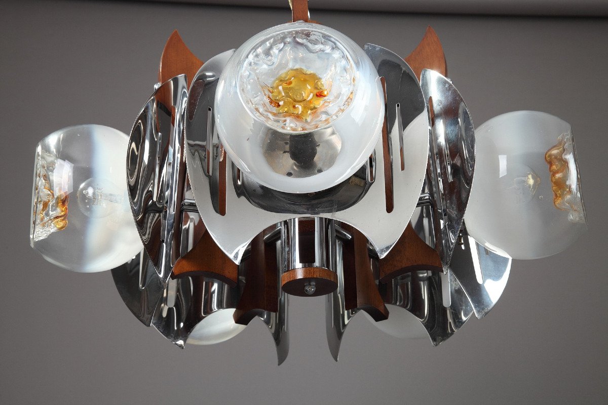 Mazzega Chandelier In Murano Glass, Chrome And Wood, 1970-photo-3