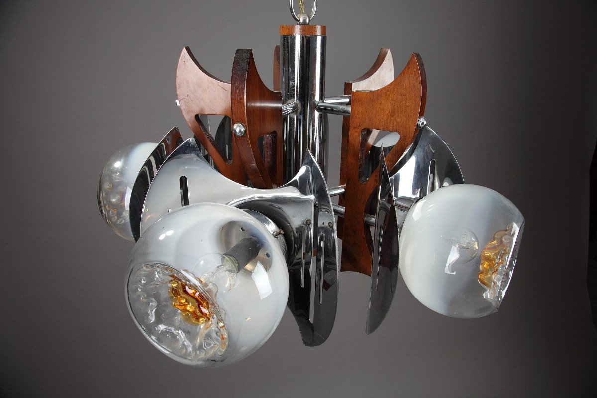 Mazzega Chandelier In Murano Glass, Chrome And Wood, 1970-photo-4