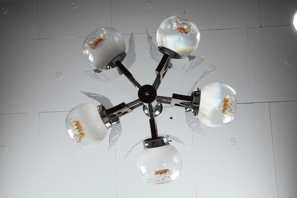 Mazzega Chandelier In Murano Glass, Chrome And Wood, 1970-photo-7