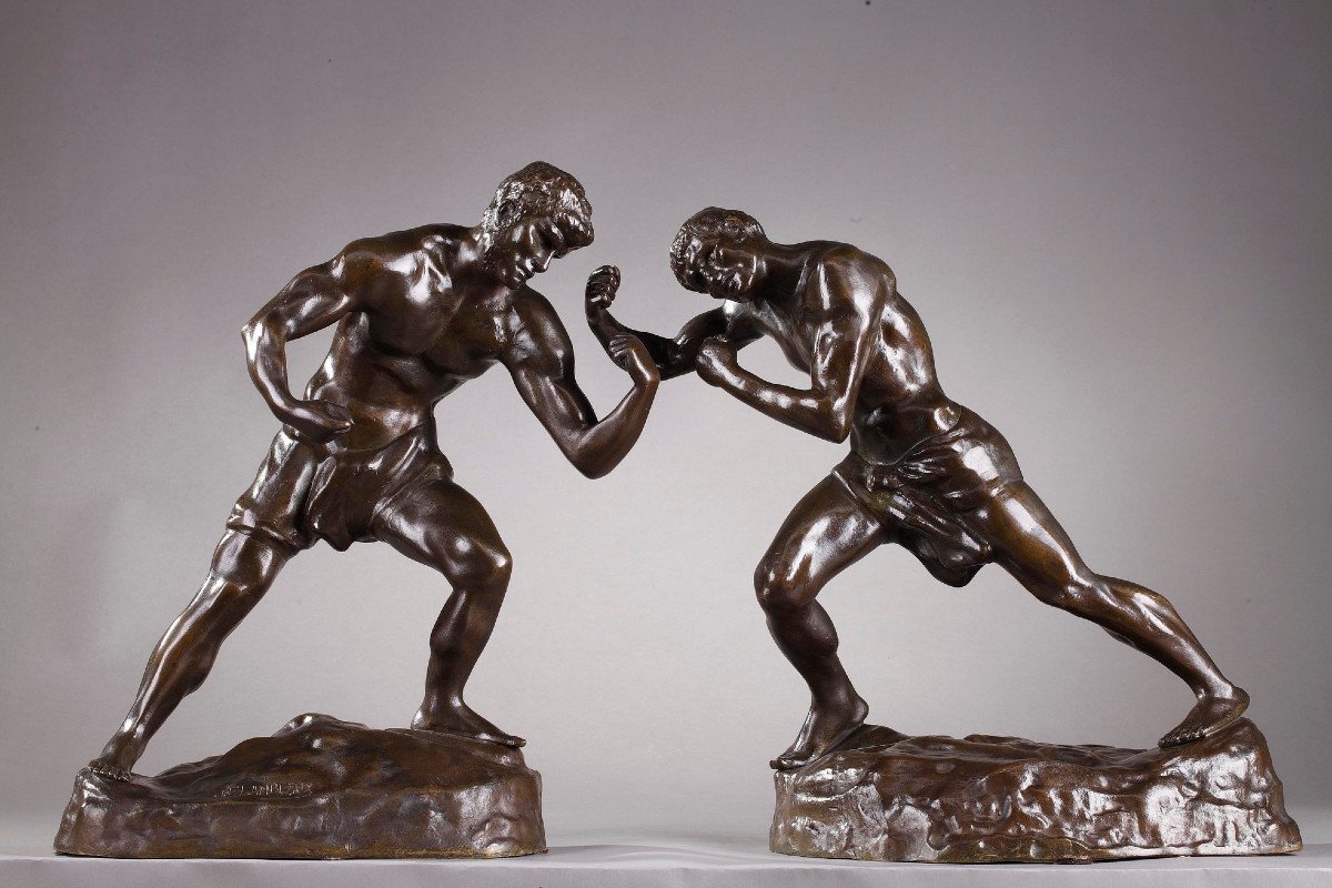 Statuettes En Bronze "deux Boxeurs" Signées "jef Lambeaux", Fin Du XIXe Siècle-photo-1