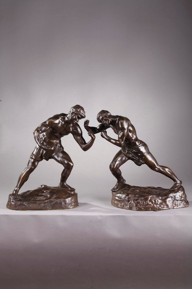 Statuettes En Bronze "deux Boxeurs" Signées "jef Lambeaux", Fin Du XIXe Siècle