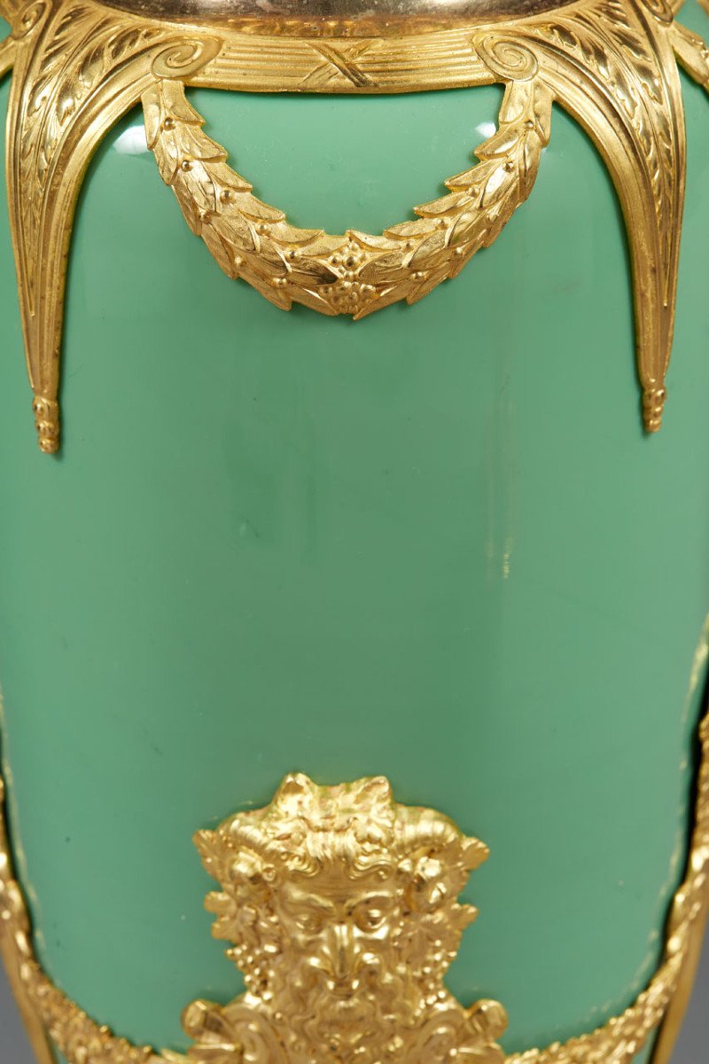 Pair Of Vases In Jade Green Opaline And Golden Brass From The End Of The XIXth Century-photo-4