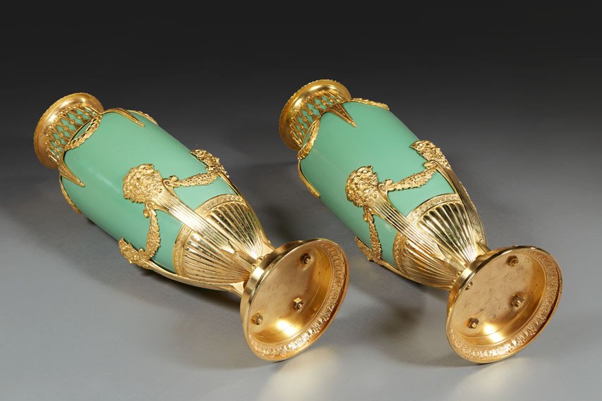 Pair Of Vases In Jade Green Opaline And Golden Brass From The End Of The XIXth Century-photo-8