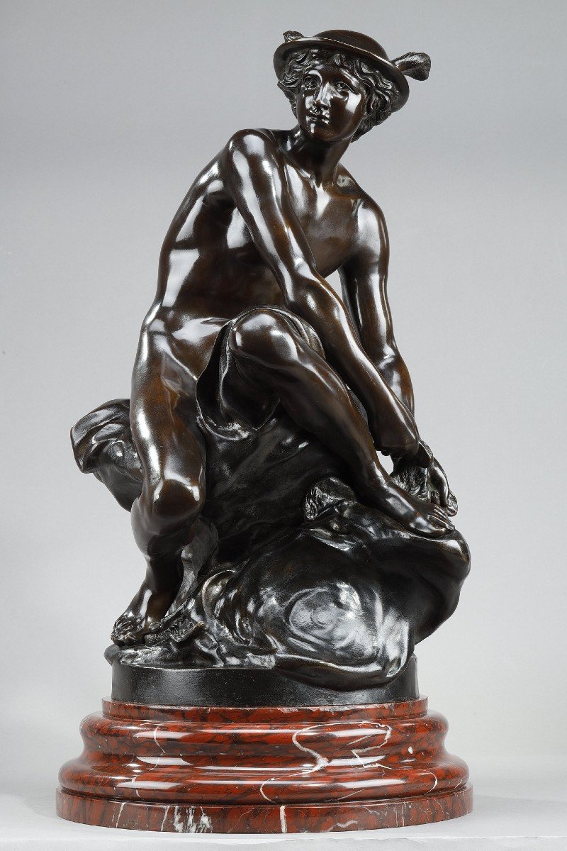 Grand Bronze d'Après Pigalle, "mercure Attachant Ses Talonnières", XIXe Siècle