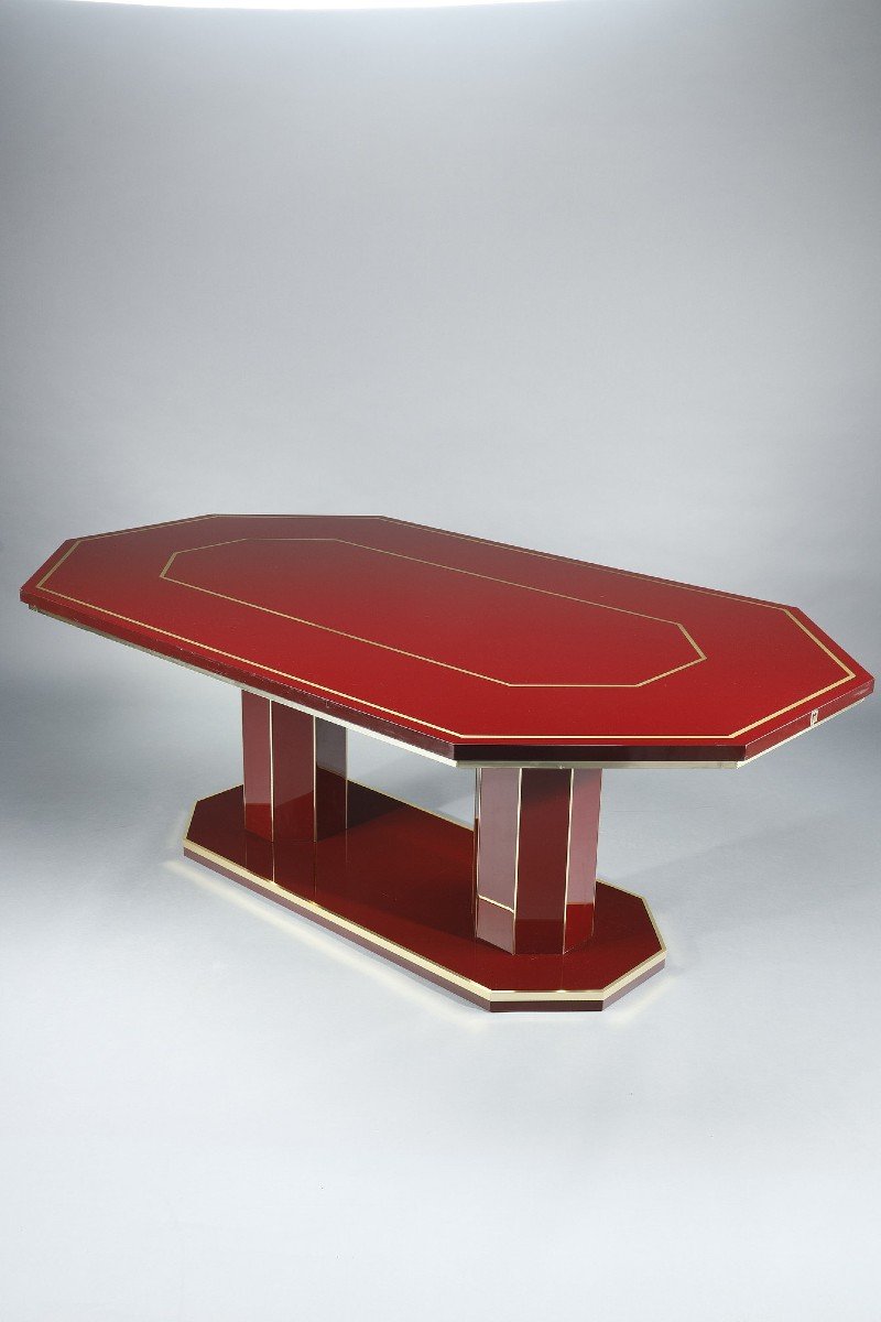 Table à Manger Octogonale En Bois Laqué Et Laiton Doré, Paco Rabanne, 1970-photo-2