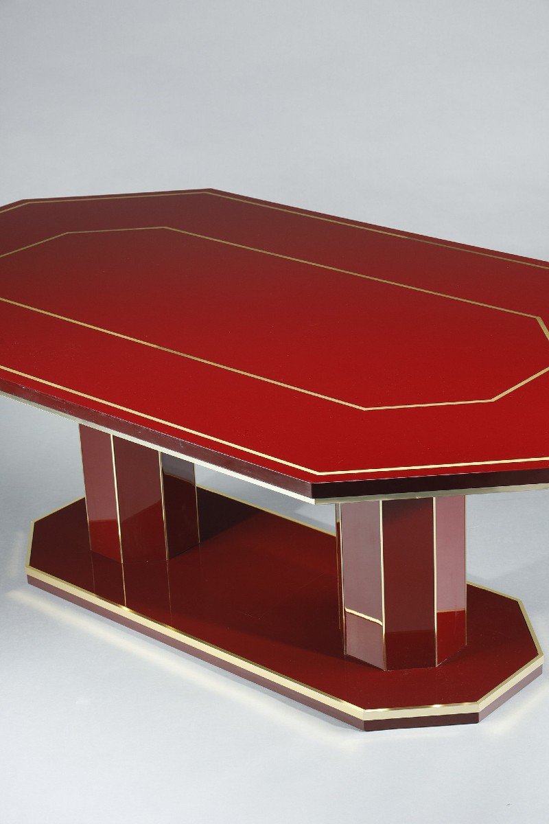 Table à Manger Octogonale En Bois Laqué Et Laiton Doré, Paco Rabanne, 1970-photo-4