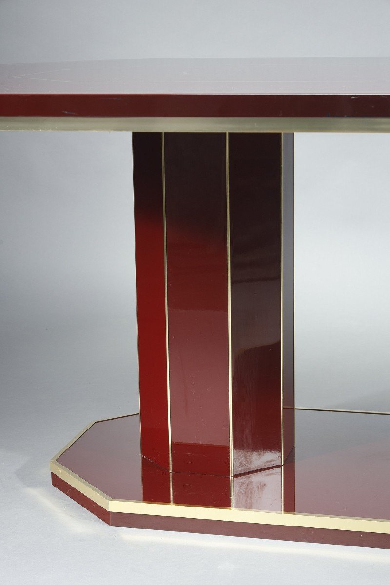 Table à Manger Octogonale En Bois Laqué Et Laiton Doré, Paco Rabanne, 1970-photo-6