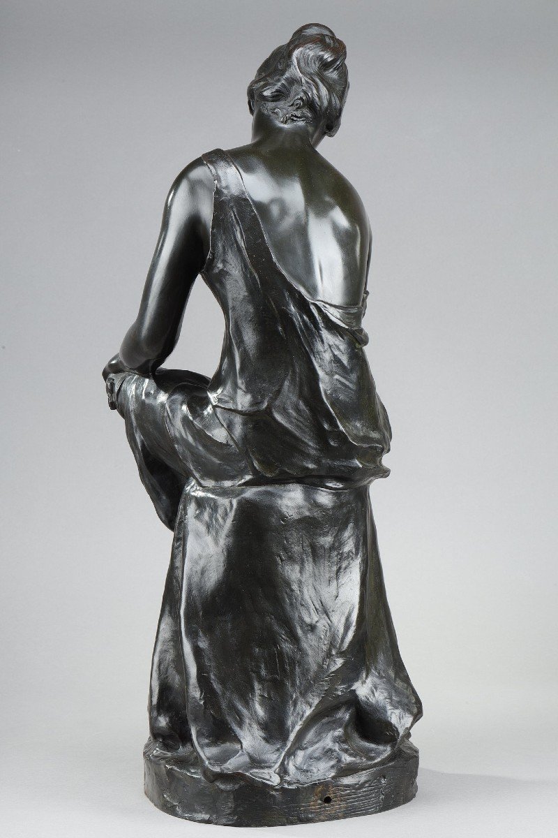 Patinated Bronze Sculpture, "young Woman Taking Off Her Shoes", Signed Malvina Brach-photo-4