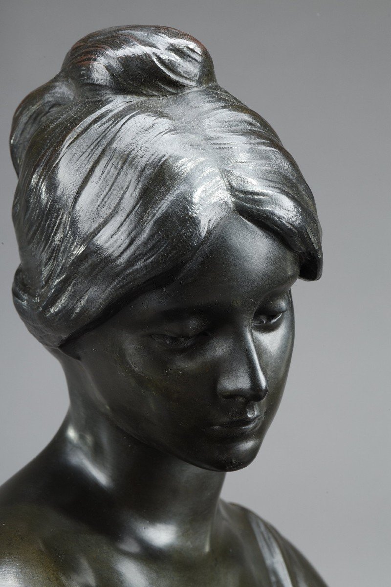 Patinated Bronze Sculpture, "young Woman Taking Off Her Shoes", Signed Malvina Brach-photo-6