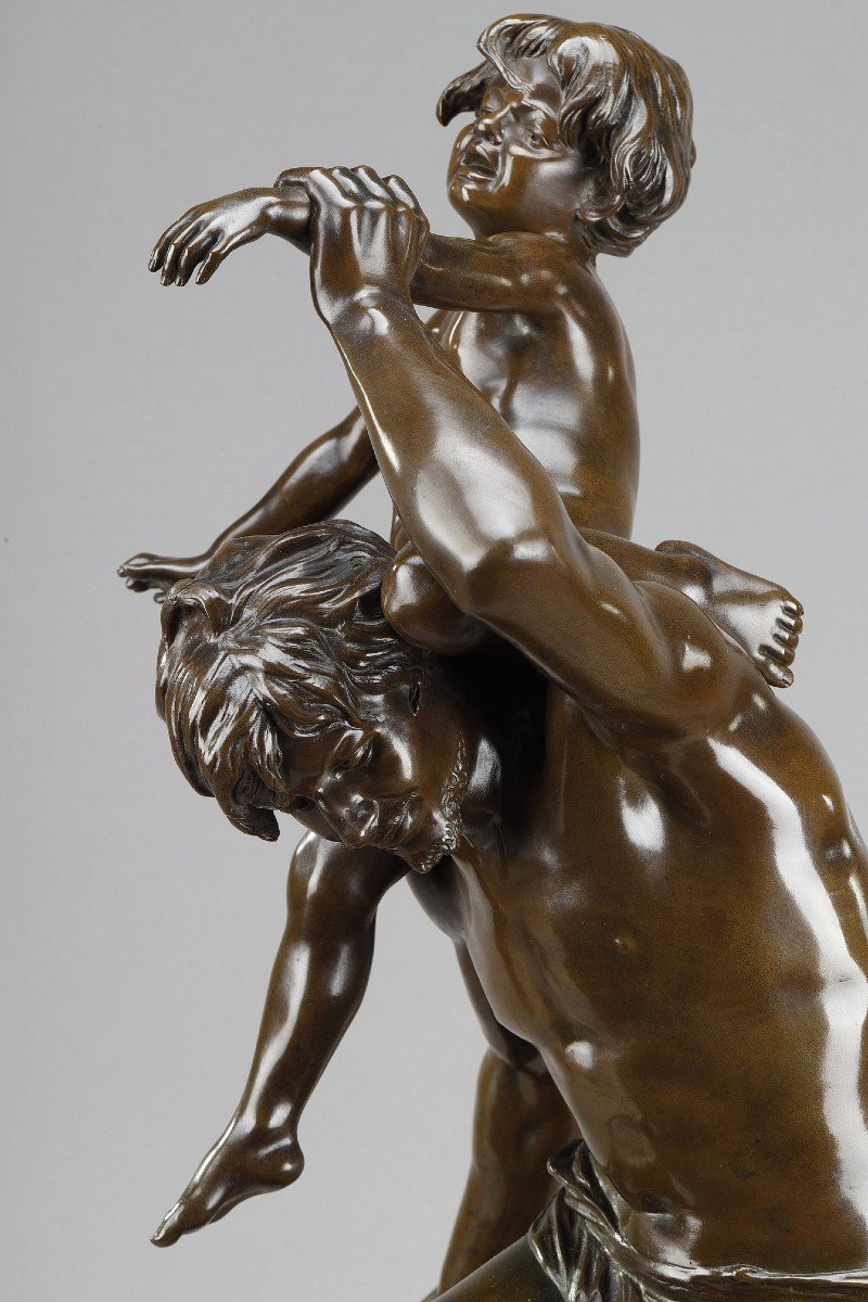 Bronze With Brown Patina Of A Man Carrying A Child On His Back, By Gaston Leroux (1854-1942)-photo-5