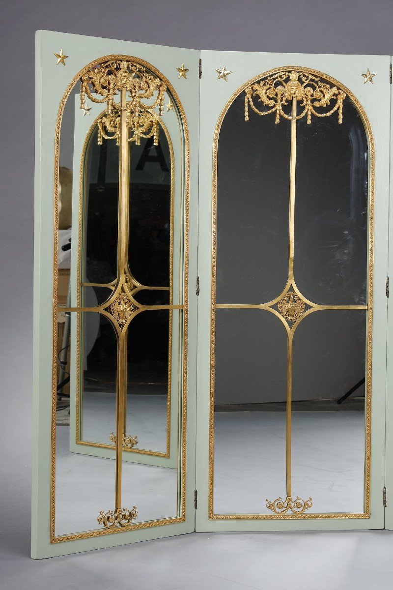 Four-leaf Mirror Screen In Lacquered Wood And Gilt Bronze Frame-photo-3