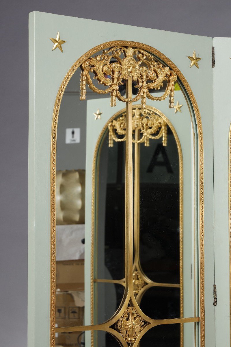 Four-leaf Mirror Screen In Lacquered Wood And Gilt Bronze Frame-photo-4