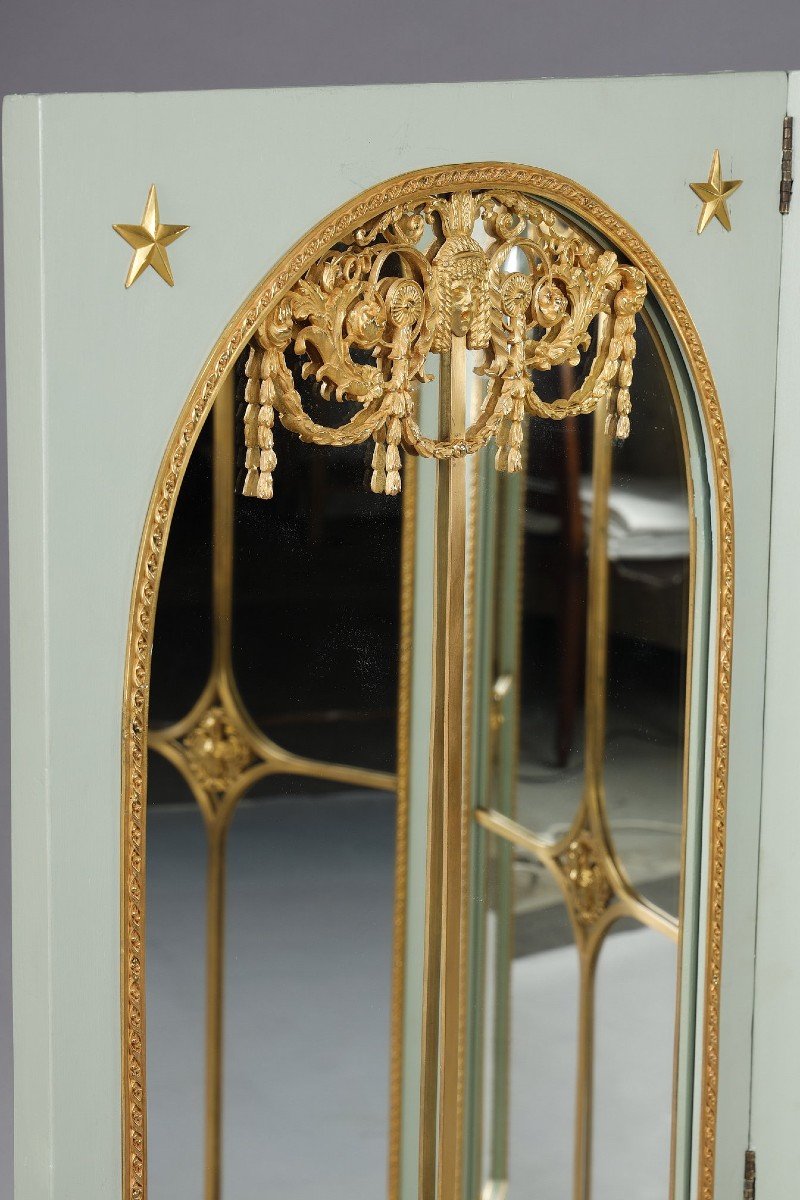 Four-leaf Mirror Screen In Lacquered Wood And Gilt Bronze Frame-photo-2