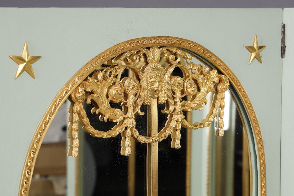 Four-leaf Mirror Screen In Lacquered Wood And Gilt Bronze Frame-photo-3