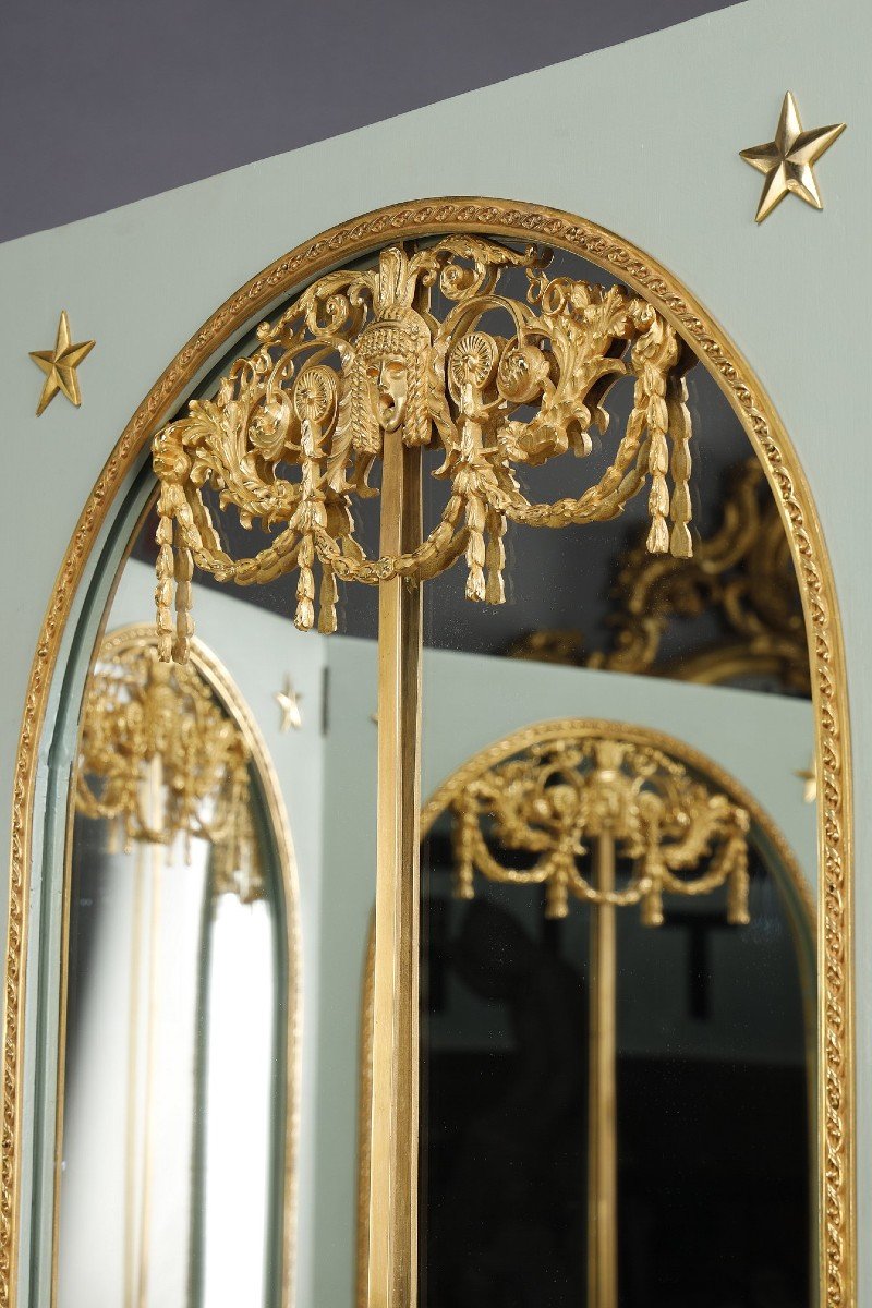 Four-leaf Mirror Screen In Lacquered Wood And Gilt Bronze Frame-photo-4