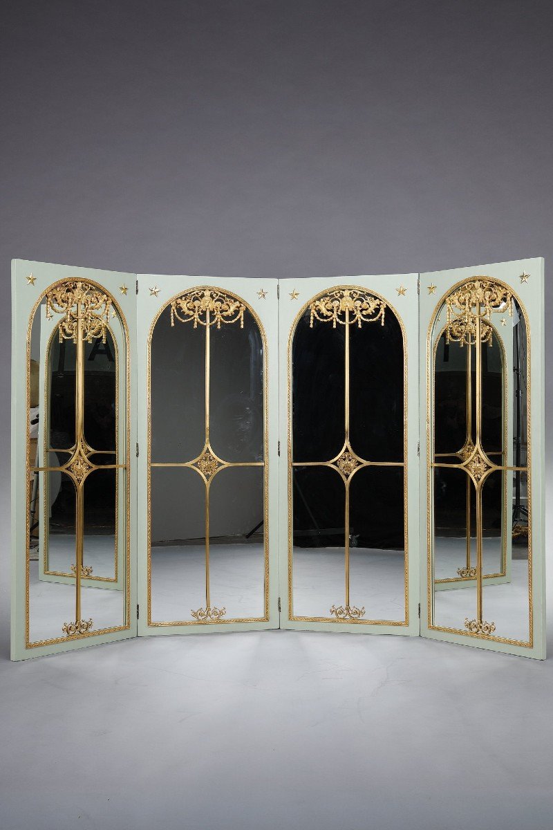 Four-leaf Mirror Screen In Lacquered Wood And Gilt Bronze Frame