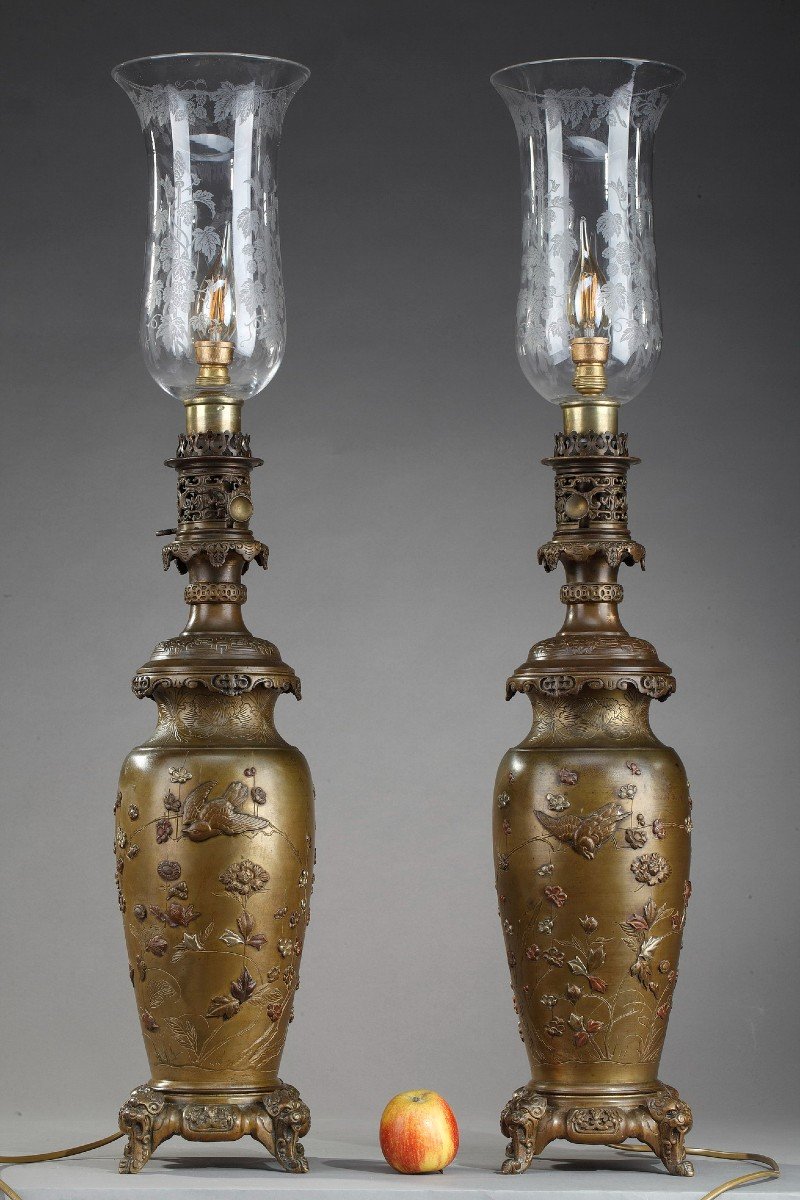 Pair Of Antique Oil Lamps Decorated With Birds And Flowers In The Chinese Style