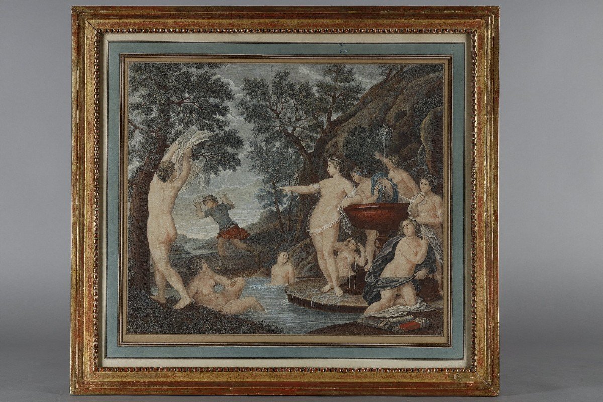 Paire De Gravures Polychromes Du XVIIIe Siècle d'Après Francesco Albani-photo-4