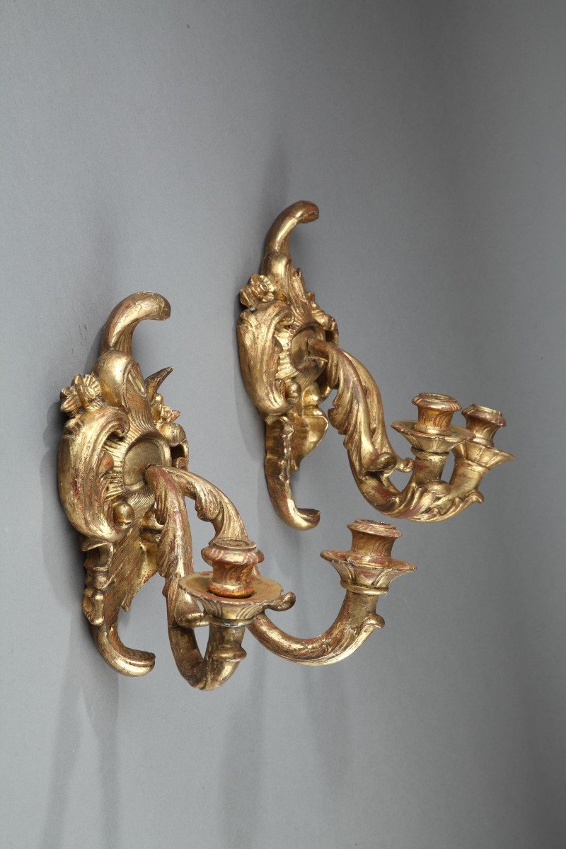 Antique Wall Lamps With 2 Lights In Golden Wood, Louis XV Period-photo-4