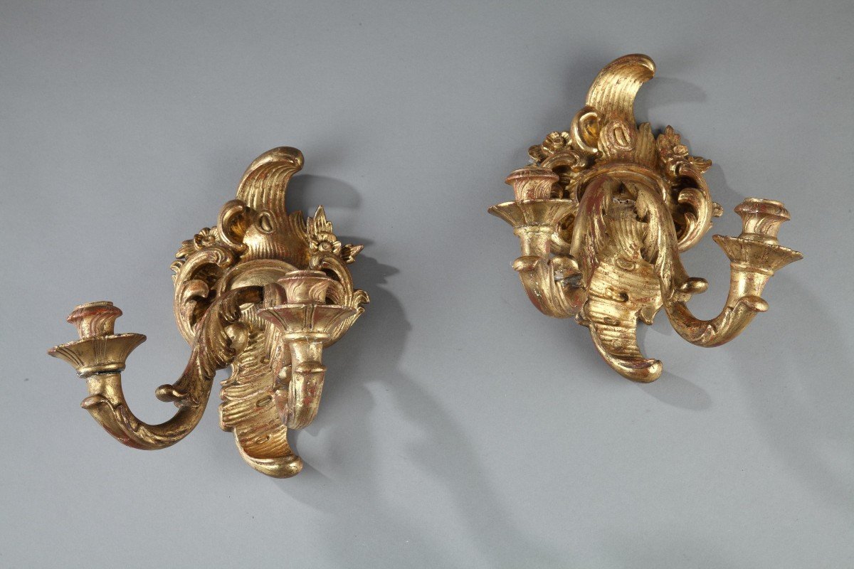 Antique Wall Lamps With 2 Lights In Golden Wood, Louis XV Period