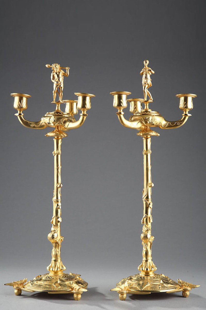 Candlesticks Naturalist Candlesticks In Gilt Bronze In The Taste Of Auguste Cain