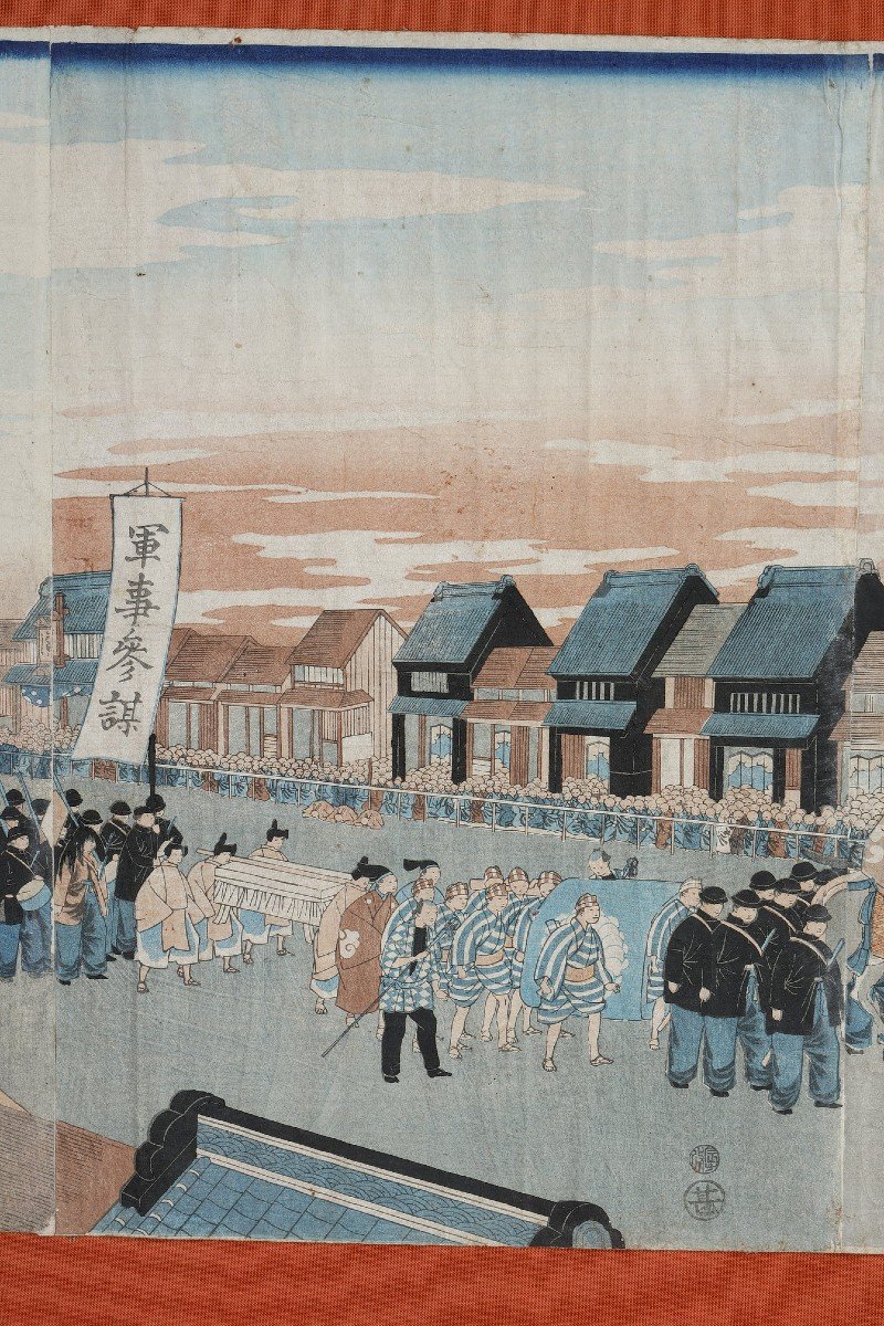 Polyptyque De 9 Estampes Oban Tate-e, Illustrant Le Cortège De l'Empereur Mutsuhito (meiji)-photo-3