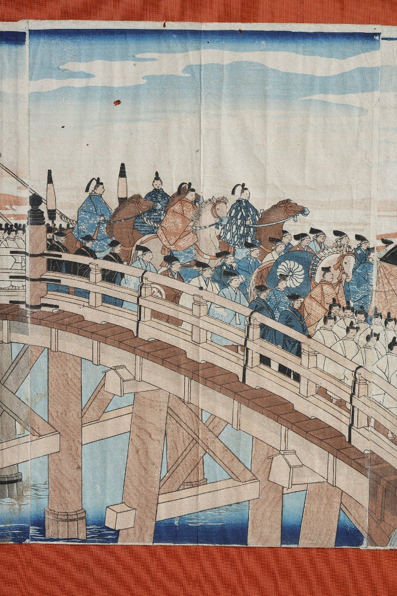 Polyptyque De 9 Estampes Oban Tate-e, Illustrant Le Cortège De l'Empereur Mutsuhito (meiji)-photo-1