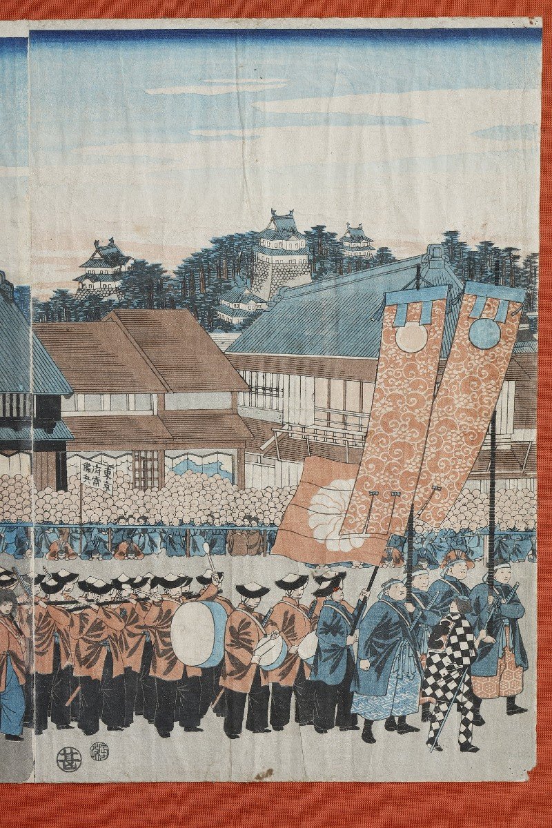 Polyptych Of 9 Oban Tate-e Prints, Illustrating The Procession Of Emperor Mutsuhito (meiji)-photo-3