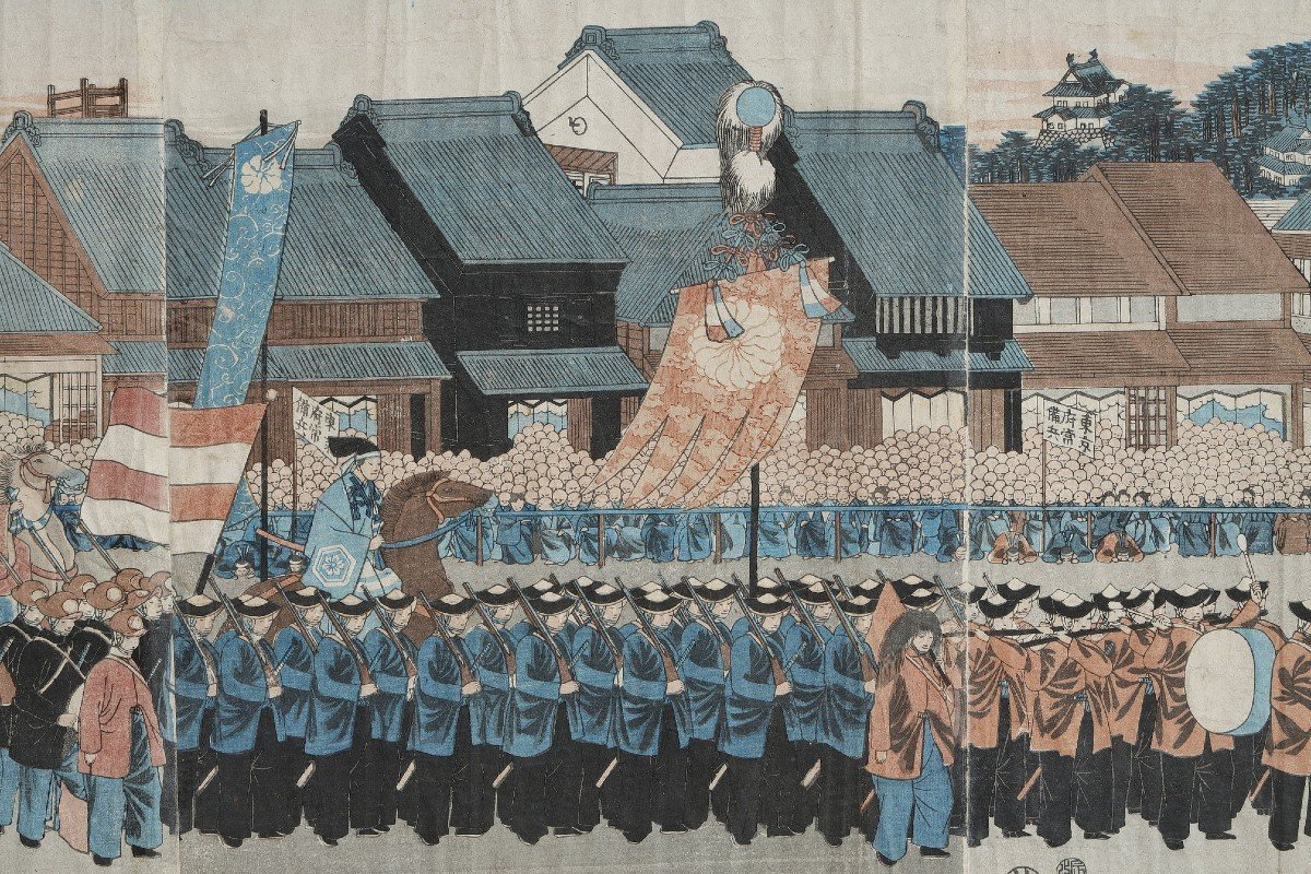 Polyptych Of 9 Oban Tate-e Prints, Illustrating The Procession Of Emperor Mutsuhito (meiji)-photo-6