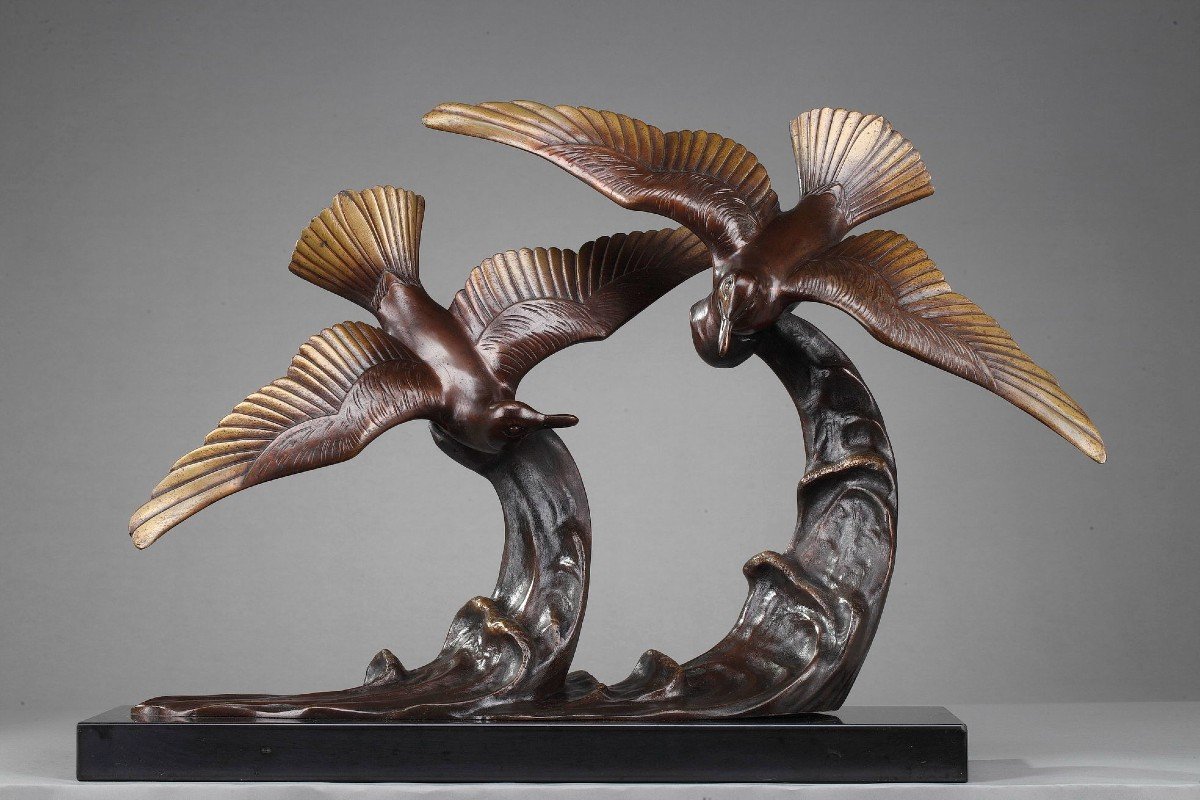 épreuve En Bronze "deux Mouettes Sur Une Vague" d'Enrique Molins