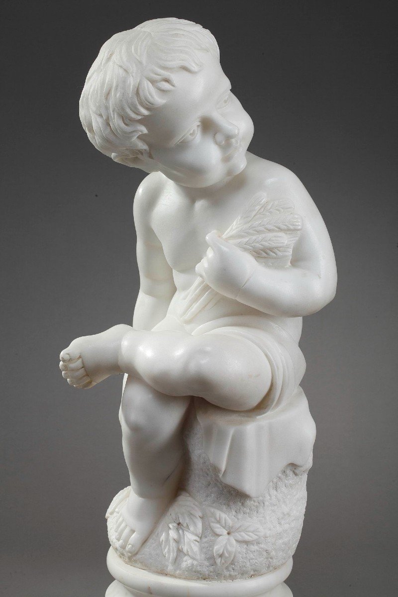 White Marble Sculpture "putto With Ears Of Wheat"-photo-2