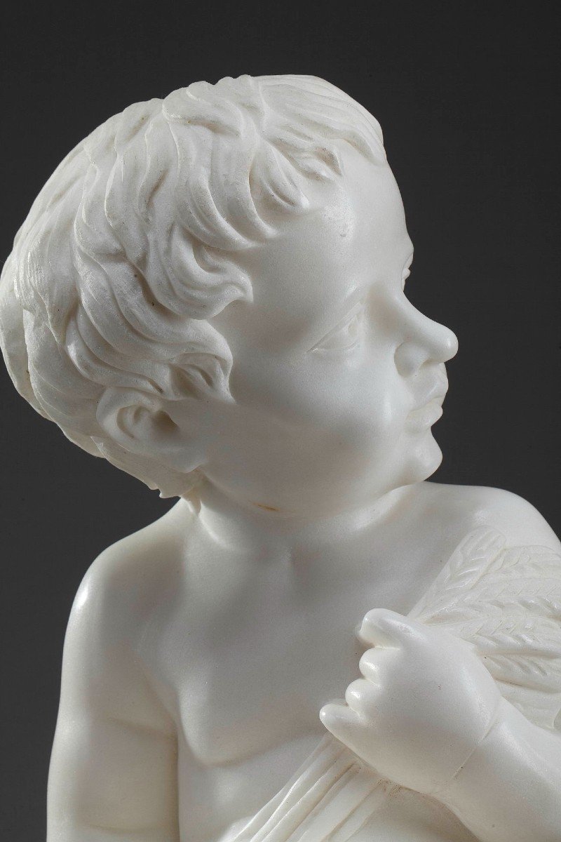 White Marble Sculpture "putto With Ears Of Wheat"-photo-1
