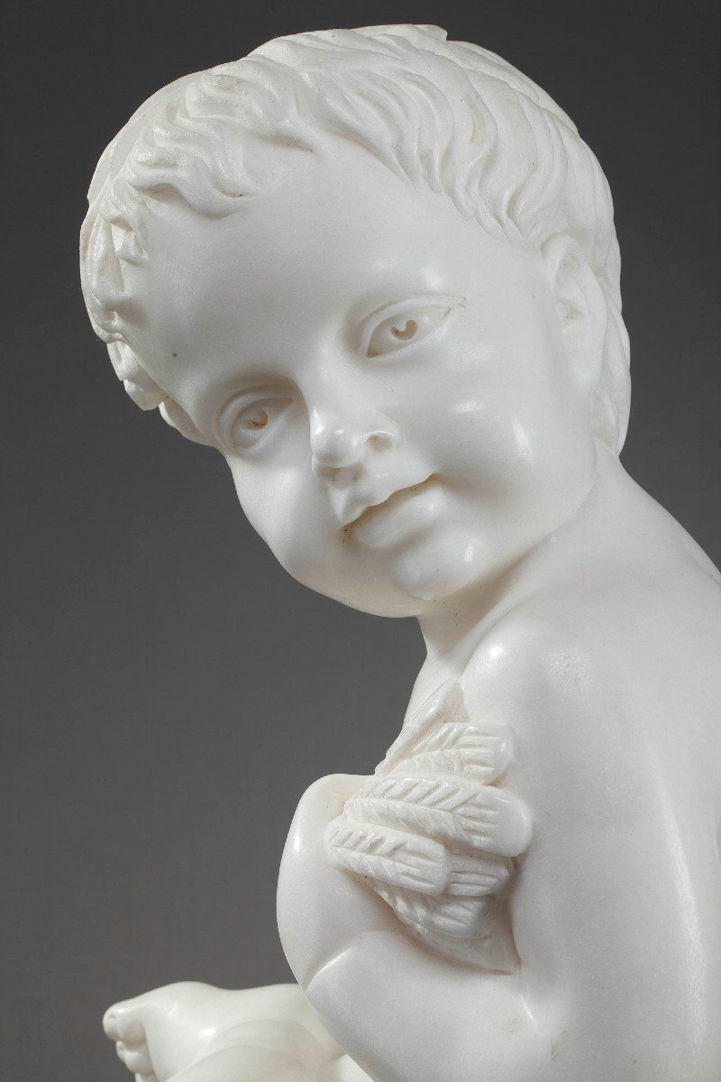 White Marble Sculpture "putto With Ears Of Wheat"-photo-3