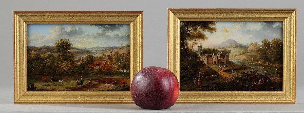 Pair Of Paintings Under Glass From Lebelle, Early 19th Century-photo-2