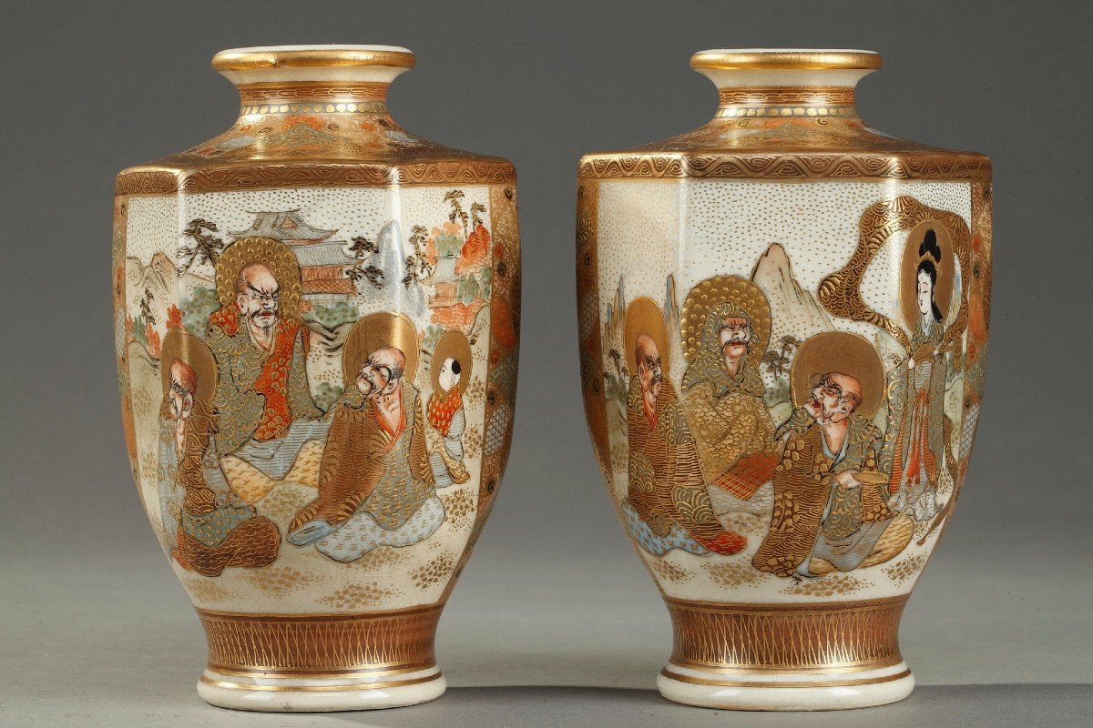 Paire De Petits Vases Satsuma En Porcelaine, Japon 20ème Siècle-photo-3