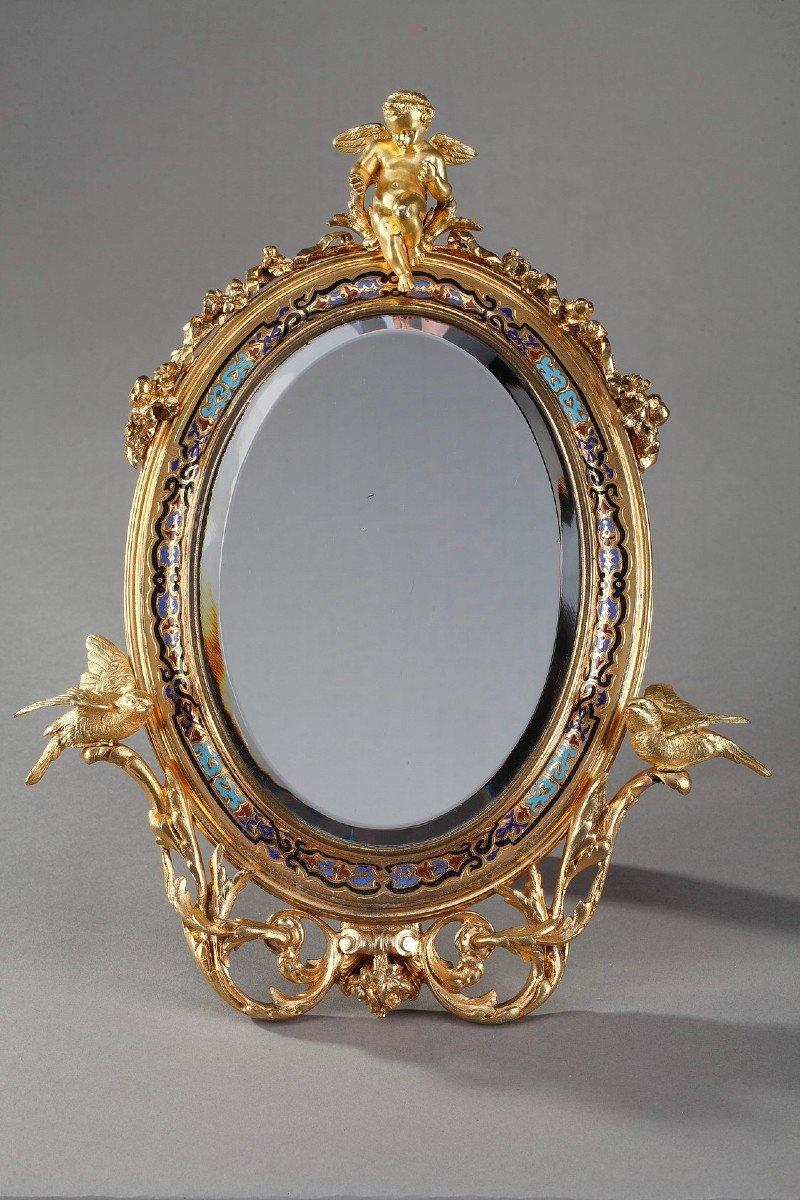 Miroir à Cadre Doré En Bronze Orné d'émaux Cloisonnés-photo-2