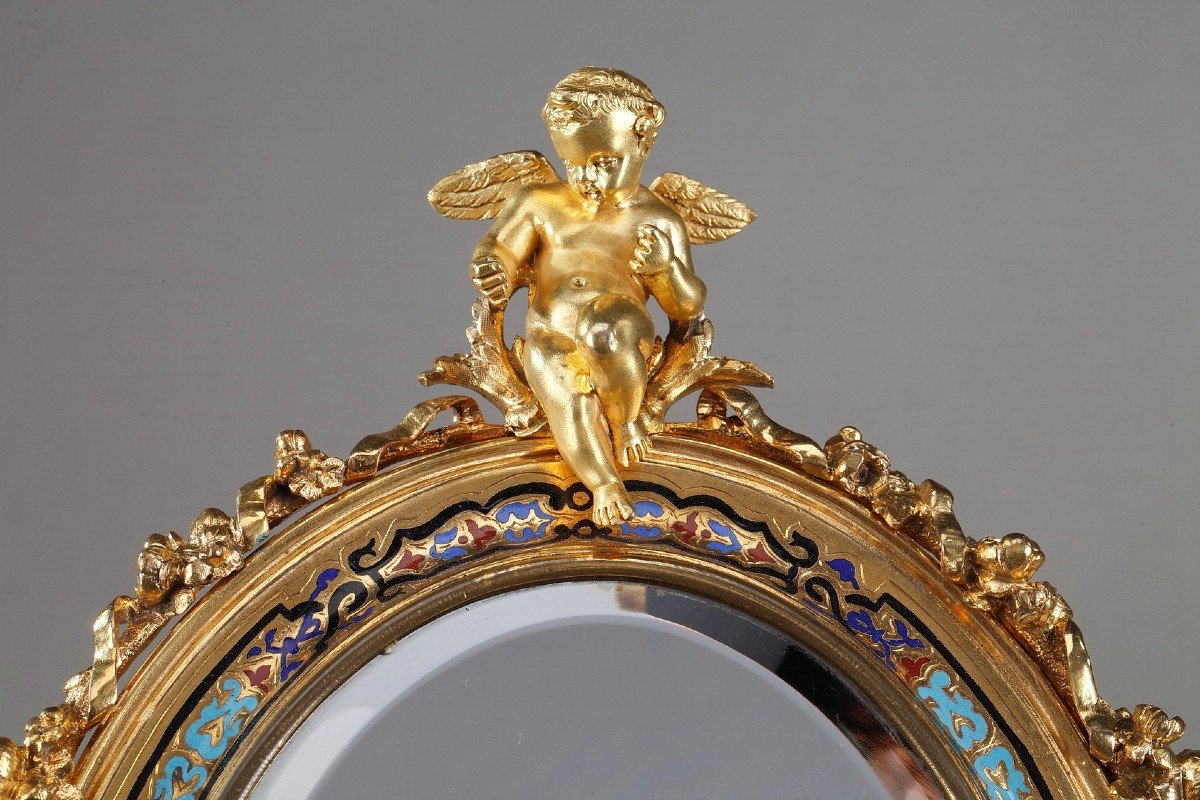 Miroir à Cadre Doré En Bronze Orné d'émaux Cloisonnés-photo-4