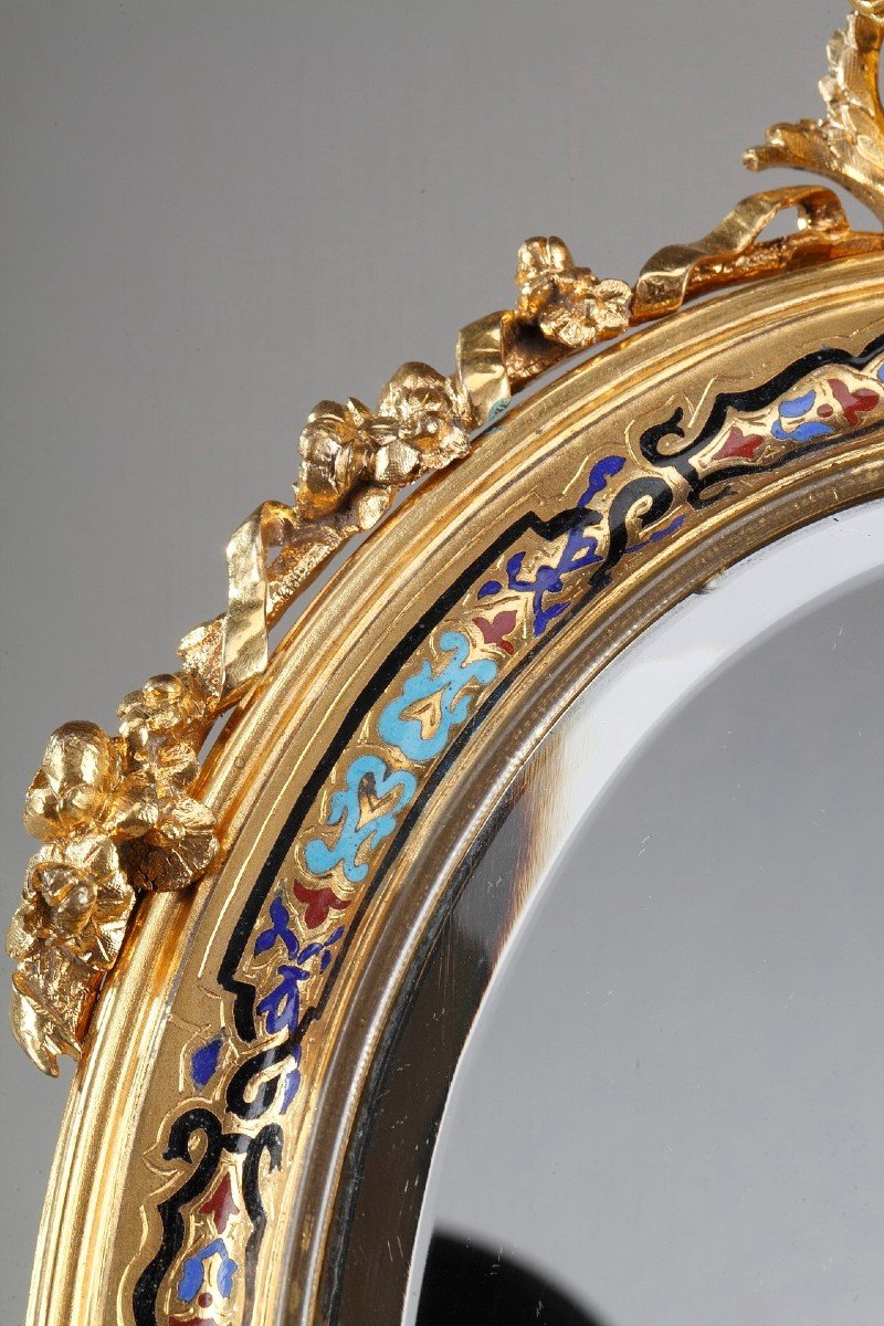 Miroir à Cadre Doré En Bronze Orné d'émaux Cloisonnés-photo-6