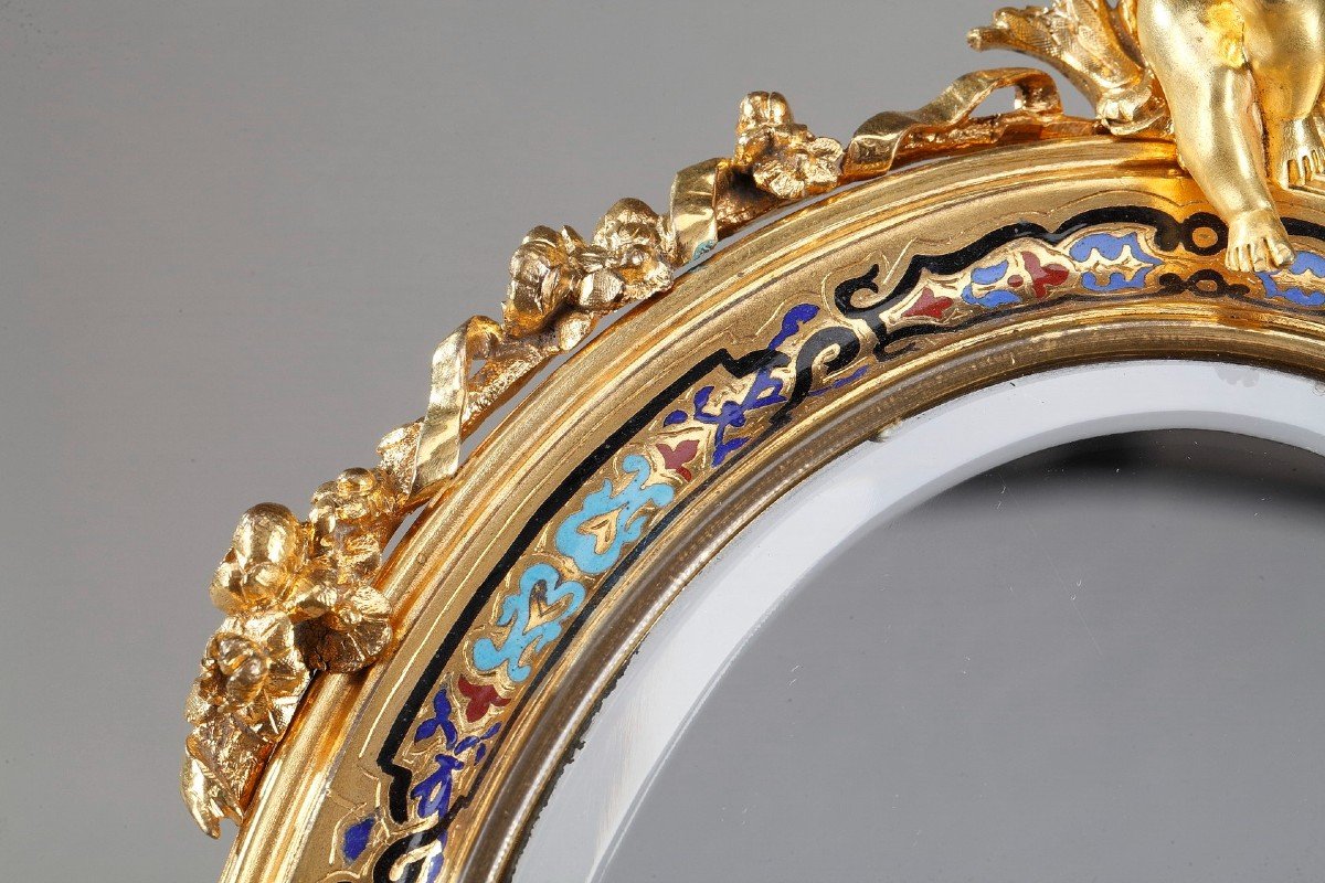 Miroir à Cadre Doré En Bronze Orné d'émaux Cloisonnés-photo-7