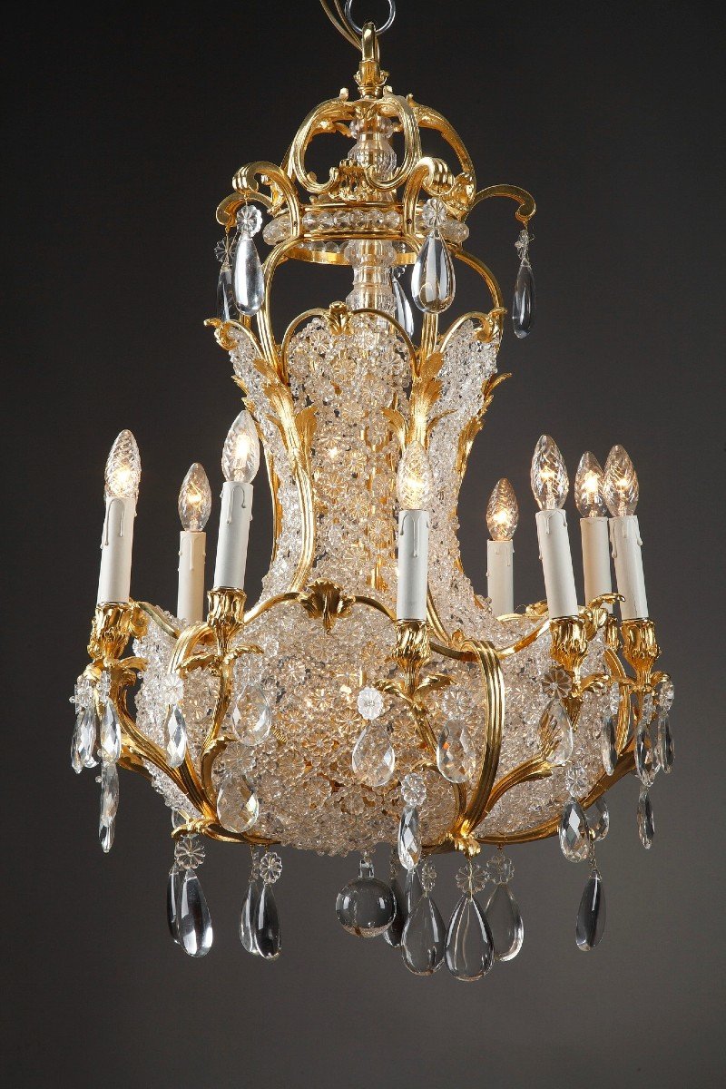 Lustre Corbeille En Cristal Et Bronze Doré, Fin Du 19e Siècle-photo-2