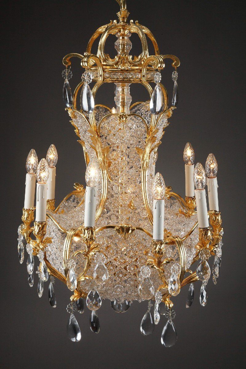 Lustre Corbeille En Cristal Et Bronze Doré, Fin Du 19e Siècle-photo-4